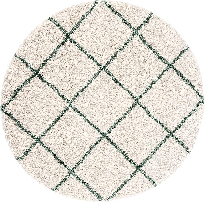 SAFAVIEH Hudson Shag Collection Area Rug - 7' Round, Ivory & Green, Modern Trellis Design, Non-Shedding & Easy Care, 2-inch Thick Ideal for High Traffic Areas in Living Room, Bedroom (SGH281X)