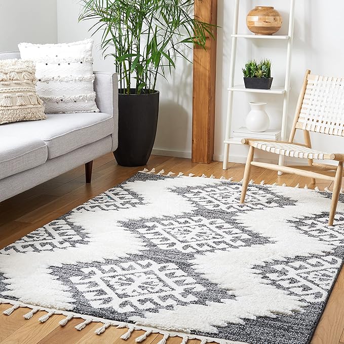 SAFAVIEH Moroccan Tassel Shag Collection Area Rug - 6'7" x 9'2", Dark Grey & Ivory, Non-Shedding & Easy Care, 2-inch Thick Ideal for High Traffic Areas in Living Room, Bedroom (MTS652H)