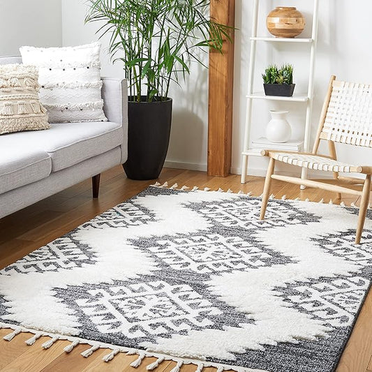 SAFAVIEH Moroccan Tassel Shag Collection Accent Rug - 3' x 5', Dark Grey & Ivory, Non-Shedding & Easy Care, 2-inch Thick Ideal for High Traffic Areas in Entryway, Living Room, Bedroom (MTS652H)