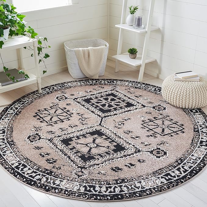 SAFAVIEH Vintage Hamadan Collection 6'7" Round Brown/Black VTH293T Oriental Distressed Non-Shedding Entryway Foyer Living Room Bedroom Kitchen Area Rug