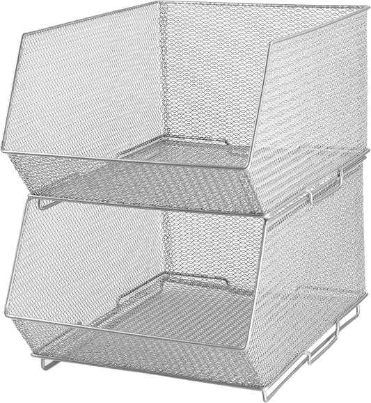 YBM HOME Mesh Stacking Bin Storage Containers for Kitchen Pantry, Cabinet and Shelves, Metal Wire Basket Rack for Fruits and Veggies, Crafts, Toys & Cleaning Items - 2-Pack, Large 15x11x8 Silver