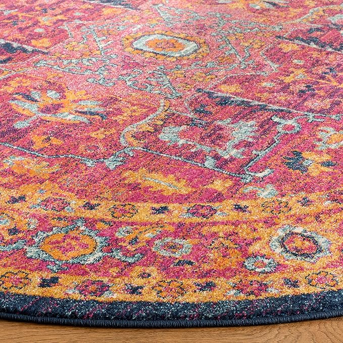 SAFAVIEH Evoke Collection Area Rug - 5'3" Round, Fuchsia & Orange, Oriental Medallion Distressed Design, Non-Shedding & Easy Care, Ideal for High Traffic Areas in Living Room, Bedroom (EVK275S)