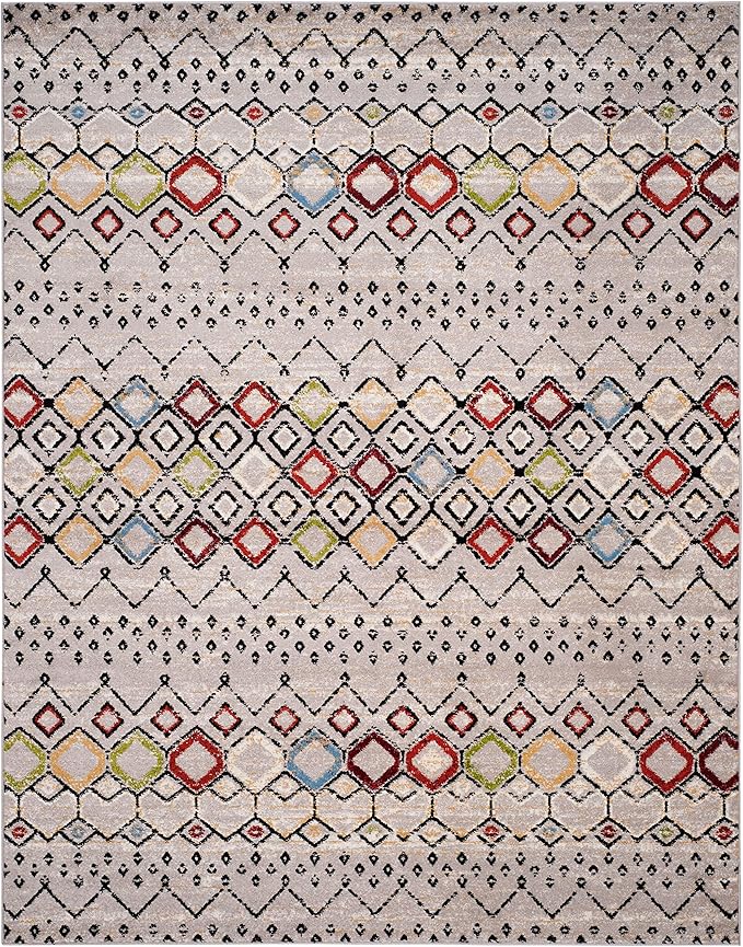SAFAVIEH Amsterdam Collection X-Large Area Rug - 11' x 15', Light Grey & Multi, Moroccan Boho Design, Non-Shedding & Easy Care, Ideal for High Traffic Areas in Living Room, Bedroom (AMS108G)