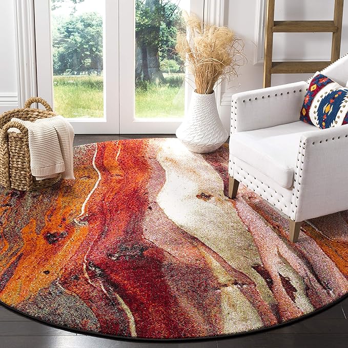 SAFAVIEH Glacier Collection Area Rug - 10' Round, Red & Multi, Modern Abstract Design, Non-Shedding & Easy Care, Ideal for High Traffic Areas in Living Room, Bedroom (GLA126A)