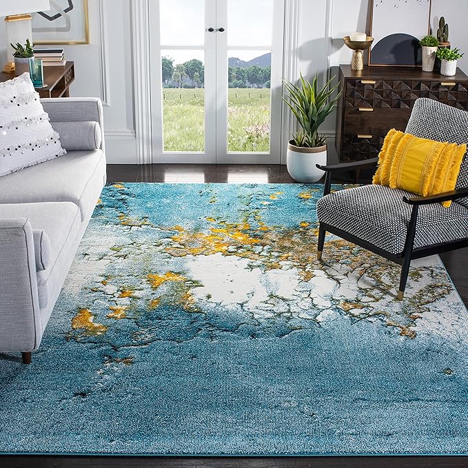 SAFAVIEH Glacier Collection 8' x 10' Blue/Gold GLA125M Modern Abstract Non-Shedding Living Room Bedroom Dining Home Office Area Rug