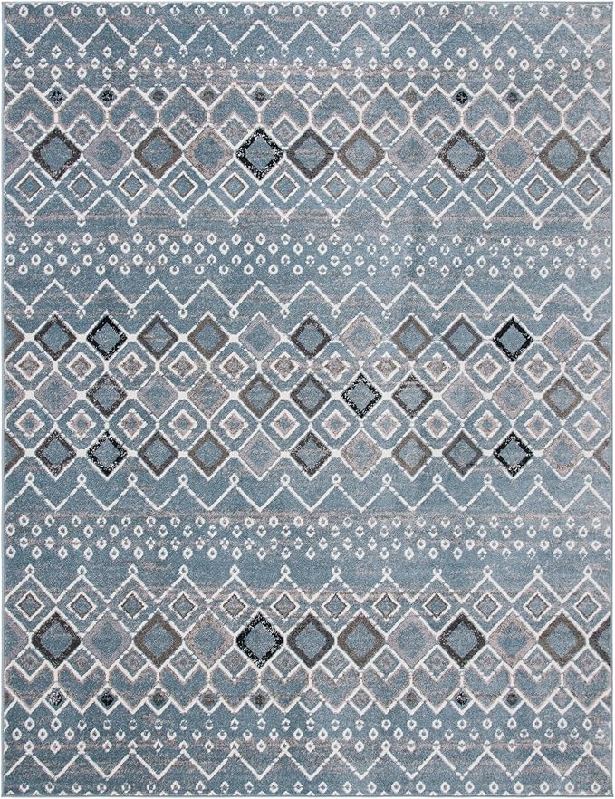 SAFAVIEH Amsterdam Collection X-Large Area Rug - 11' x 15', Blue & Ivory, Moroccan Boho Design, Non-Shedding & Easy Care, Ideal for High Traffic Areas in Living Room, Bedroom (AMS108L)