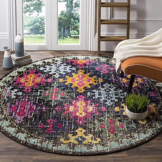 SAFAVIEH Monaco Collection Area Rug - 6'7" Round, Multi, Boho Diamond Trellis Design, Non-Shedding & Easy Care, Ideal for High Traffic Areas in Living Room, Bedroom (MNC244F)