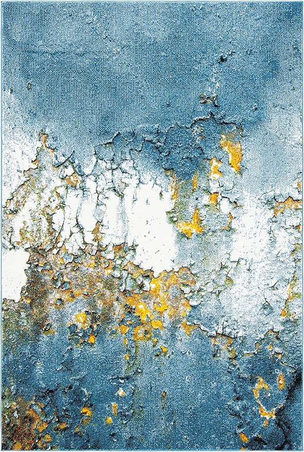 SAFAVIEH Glacier Collection 6'7" x 9' Blue/Gold GLA125M Modern Abstract Non-Shedding Living Room Bedroom Dining Home Office Area Rug