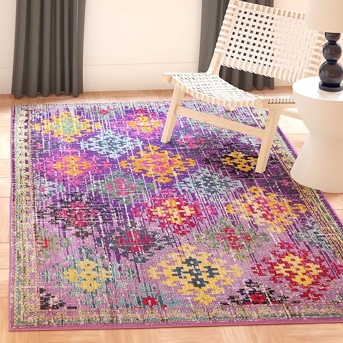 SAFAVIEH Monaco Collection Area Rug - 6'7" x 9'2", Purple & Multi, Boho Diamond Trellis Design, Non-Shedding & Easy Care, Ideal for High Traffic Areas in Living Room, Bedroom (MNC244P)