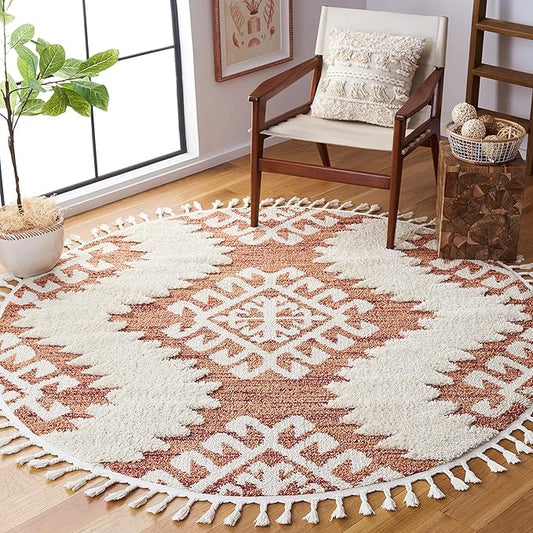 SAFAVIEH Moroccan Tassel Shag Collection Area Rug - 6'7" Round, Orange & Ivory, Boho Design, Non-Shedding & Easy Care, 2-inch Thick Ideal for High Traffic Areas in Living Room, Bedroom (MTS652P)