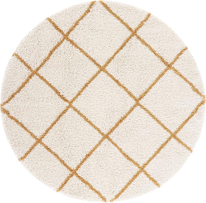 SAFAVIEH Hudson Shag Collection Area Rug - 7' Round, Ivory & Gold, Modern Trellis Design, Non-Shedding & Easy Care, 2-inch Thick Ideal for High Traffic Areas in Living Room, Bedroom (SGH281E)