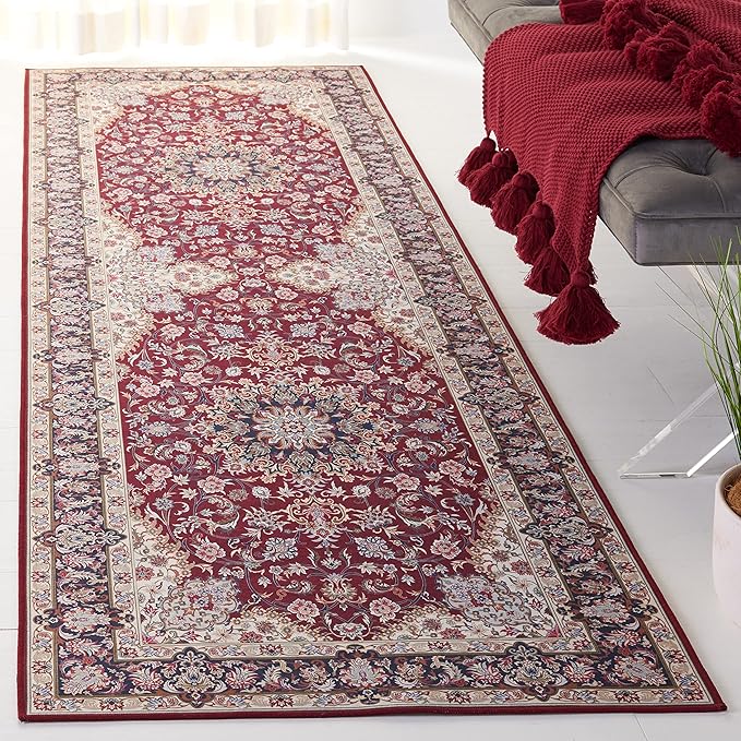 SAFAVIEH Washable Rug Tucson Collection - 2'6" x 12' Runner, Red & Navy, Slip Resistant & Easy to Clean, Ideal for Living Room, Bedroom, Dining Space (TSN135Q)