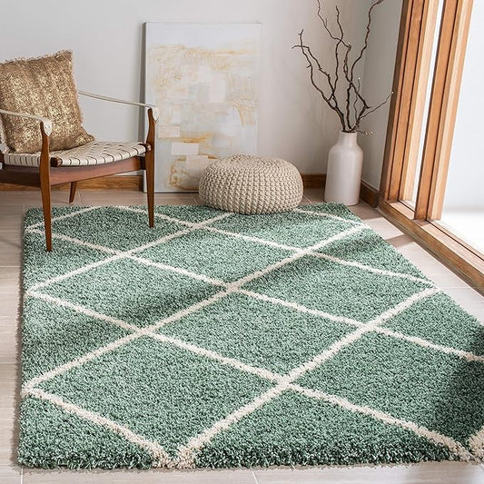 SAFAVIEH Hudson Shag Collection Area Rug - 8' x 10', Green & Ivory, Modern Trellis Design, Non-Shedding & Easy Care, 2-inch Thick Ideal for High Traffic Areas in Living Room, Bedroom (SGH281Y)