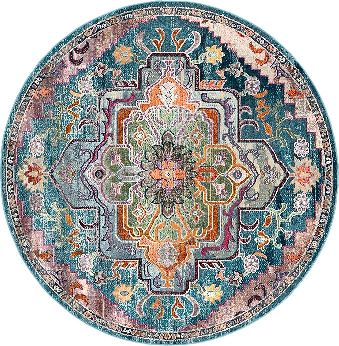 SAFAVIEH Crystal Collection 12' Round Teal/Rose CRS501T Boho Chic Oriental Medallion Distressed Non-Shedding Area Rug