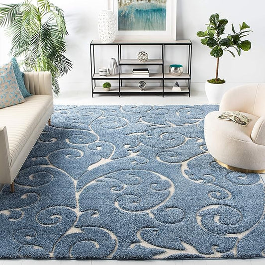 SAFAVIEH Area Rug 11x15 - Florida Shag Collection - Large - Light Blue & Cream, Scroll Design, Non-Shedding & Easy Care, High-Low Plush Pile, Ideal for Living Room, Bedroom, Dining Space (SG455-6011)