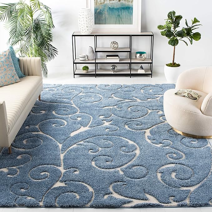 SAFAVIEH Florida Shag Collection Area Rug - 9'6" x 13', Light Blue & Cream, Scroll Design, Non-Shedding & Easy to Clean, High-Low Plush Pile, Ideal for Living Room, Bedroom, Dining Space (SG455-6011)