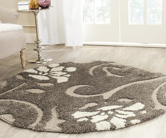 SAFAVIEH Florida Shag Collection Area Rug - 5' Round, Smoke & Beige, Floral Design, Non-Shedding & Easy Care, 1.2-inch Thick Ideal for High Traffic Areas in Living Room, Bedroom (SG464-7913)