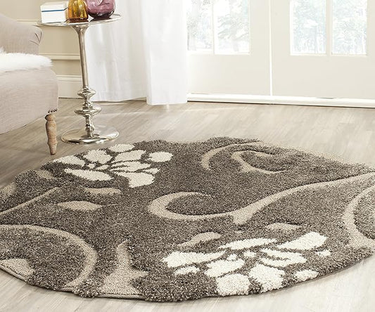 SAFAVIEH Florida Shag Collection Area Rug - 4' Round, Smoke & Beige, Floral Design, Non-Shedding & Easy Care, 1.2-inch Thick Ideal for High Traffic Areas in Living Room, Bedroom (SG464-7913)