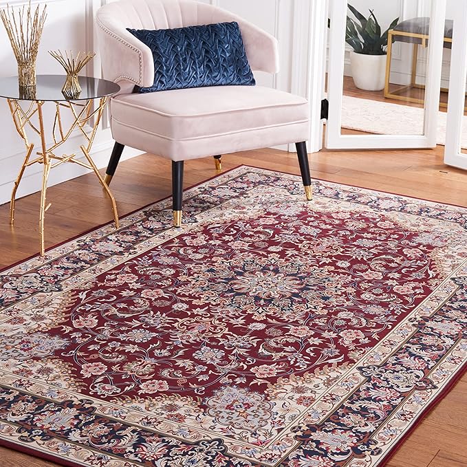 SAFAVIEH Washable Rug Tucson Collection - 5' x 8', Red & Navy, Slip Resistant & Easy to Clean, Ideal for Living Room, Bedroom, Dining Space (TSN135Q)