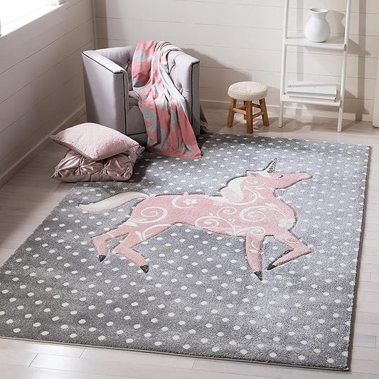 SAFAVIEH Carousel Kids Collection Accent Rug - 3'3" x 5'3", Grey & Ivory & Pink, Non-Shedding & Easy Care, Ideal for High Traffic Areas for Boys & Girls in Playroom, Nursery, Bedroom (CRK163G)