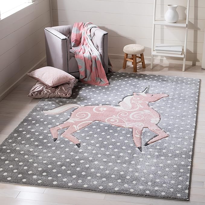 Carousel Kids Collection Area Rug - 5'3" Square, Grey & Ivory & Pink, Non-Shedding & Easy Care, Ideal for High Traffic Areas for Boys & Girls in Playroom, Nursery, Bedroom (CRK163G)