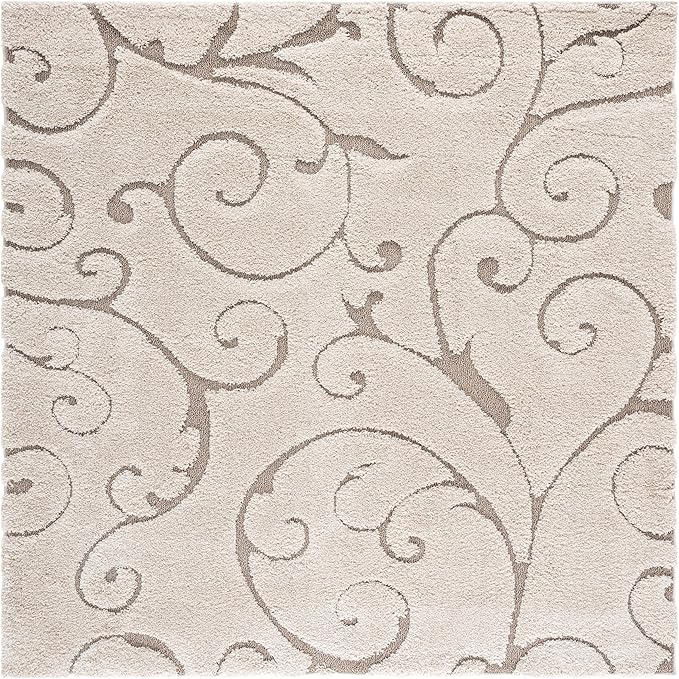 SAFAVIEH Florida Shag Collection Area Rug - 9' Square, Cream & Beige, Scroll Design, Non-Shedding & Easy to Clean, High-Low Plush Pile, Ideal for Living Room, Bedroom, Dining Space (SG455-1113)