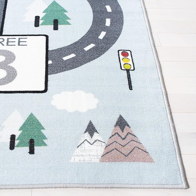SAFAVIEH Washable Rug Kids Playhouse Collection - 5' Square, Grey & Blue, Slip Resistant & Easy to Clean, Ideal for Kids Room, Playroom, Nursery, Boys & Girls Room (KPH226F)