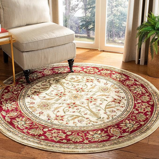 SAFAVIEH Lyndhurst Collection Area Rug - 5'3" Round, Ivory & Red, Traditional Oriental Design, Non-Shedding & Easy Care, Ideal for High Traffic Areas in Living Room, Bedroom (LNH212K)