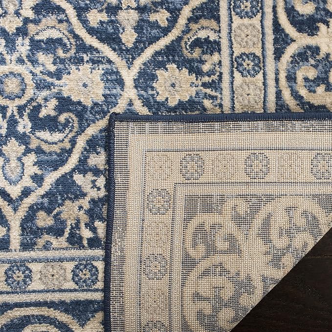 SAFAVIEH Brentwood Collection 2' x 16' Navy / Light Grey BNT870M Oriental Damask Trellis Non-Shedding Living Room Bedroom Runner Rug