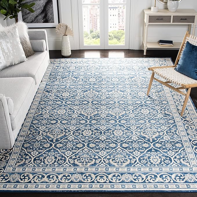 SAFAVIEH Brentwood Collection 12' x 18' Navy / Light Grey BNT870M Oriental Damask Trellis Non-Shedding Living Room Bedroom Dining Home Office Area Rug