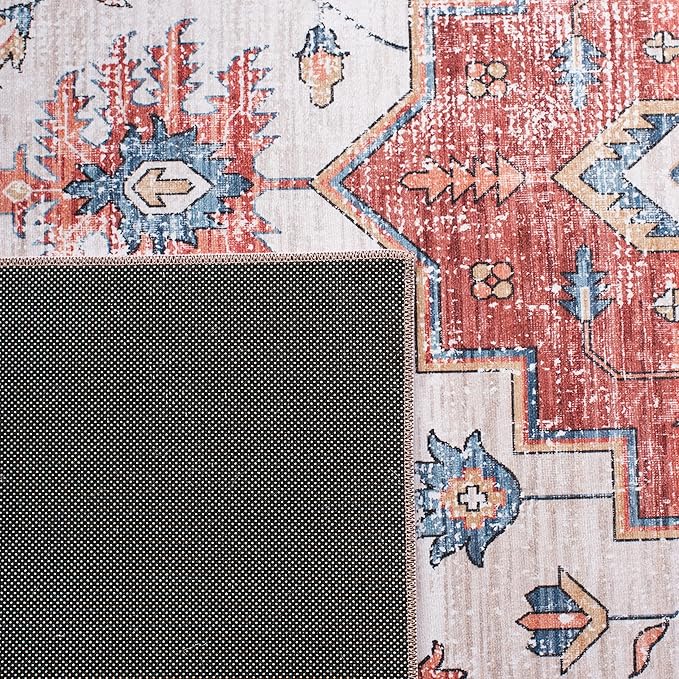 SAFAVIEH Washable Rug Tucson Collection - 3' x 5', Beige & Blue, Slip Resistant & Easy to Clean, Ideal for Foyer, Entryway, Kitchen, Bedroom (TSN109B)