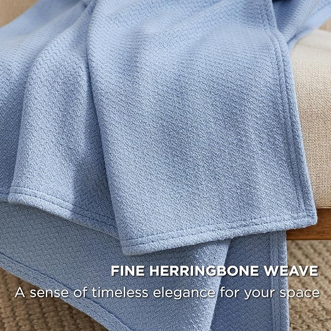 Bedsure GentleSoft 100% Cotton Blanket Queen Size for Bed - Breathable and Lightweight, Soft Cozy Textured Herringbone Woven Blanket for Summer, Ashley Blue, 90x90 inches