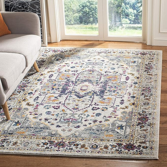 SAFAVIEH Evoke Collection 4' x 6' Ivory/Grey EVK275A Oriental Medallion Distressed Non-Shedding Living Room Bedroom Accent Rug