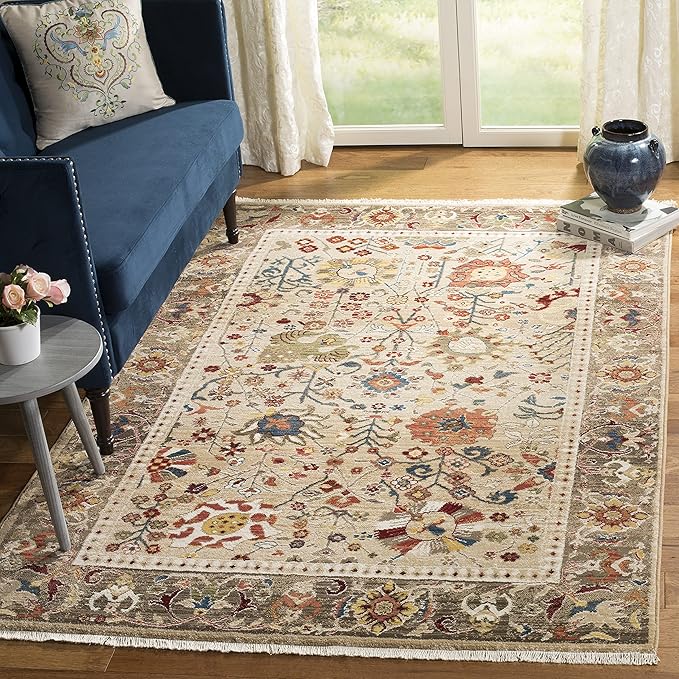 SAFAVIEH Kashan Collection Area Rug - 6'7" x 9', Beige & Taupe, Traditional Design, Stain Resistant, Ideal for High Traffic Areas in Living Room, Bedroom & Dining Room (KSN303K-6)