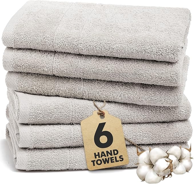 100% Cotton Hand Towels for Bathroom – Soft & Absorbent Towel Set– Pack of 6 Small Towel (34x20in) – Quick Dry Luxury Cotton Hand Towels – Light Grey