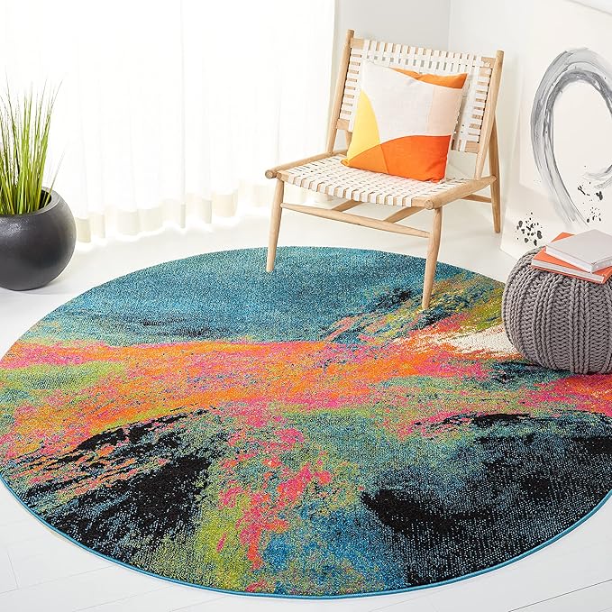 SAFAVIEH Galaxy Collection Area Rug - 6'7" Round, Blue & Orange, Modern Abstract Design, Non-Shedding & Easy Care, Ideal for High Traffic Areas in Living Room, Bedroom (GAL117N)