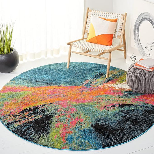 SAFAVIEH Galaxy Collection Area Rug - 6'7" Round, Blue & Orange, Modern Abstract Design, Non-Shedding & Easy Care, Ideal for High Traffic Areas in Living Room, Bedroom (GAL117N)