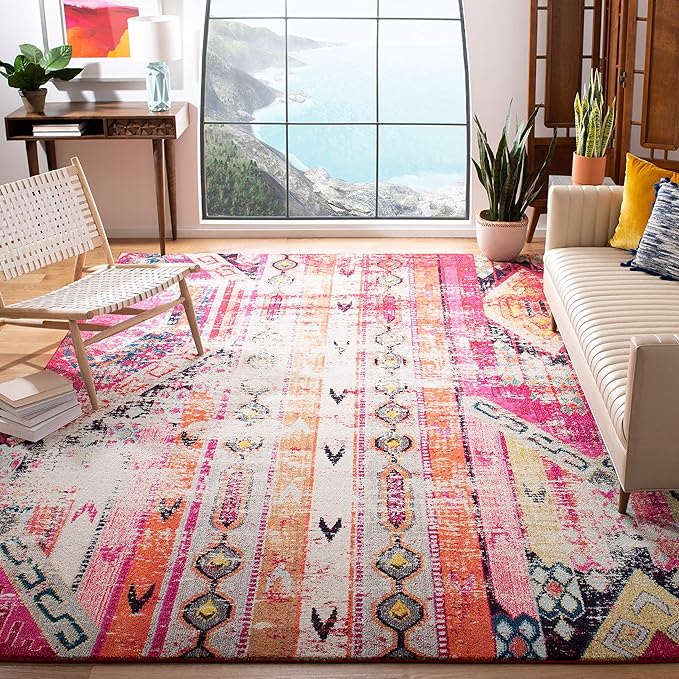 SAFAVIEH Monaco Collection Area Rug - 10' x 14', Magenta & Multi, Boho Chic Tribal Distressed Design, Non-Shedding & Easy Care, Ideal for High Traffic Areas in Living Room, Bedroom (MNC222D)