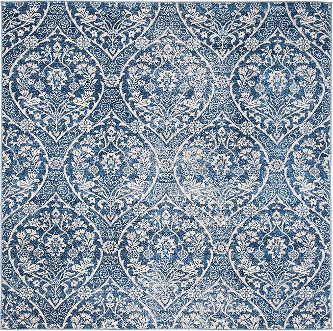 SAFAVIEH Brentwood Collection Area Rug - 6'7" Square, Navy & Light Grey, Floral Damask Ogee Trellis Design, Non-Shedding & Easy Care, Ideal for High Traffic Areas in Living Room, Bedroom (BNT860M)
