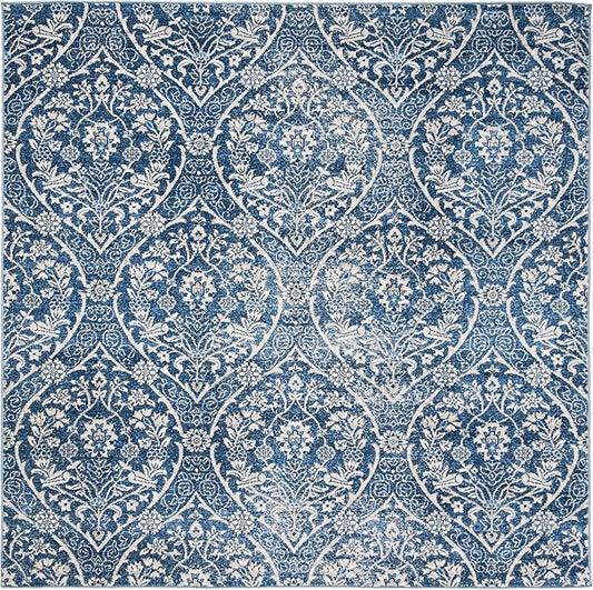 SAFAVIEH Brentwood Collection Area Rug - 6'7" Square, Navy & Light Grey, Floral Damask Ogee Trellis Design, Non-Shedding & Easy Care, Ideal for High Traffic Areas in Living Room, Bedroom (BNT860M)
