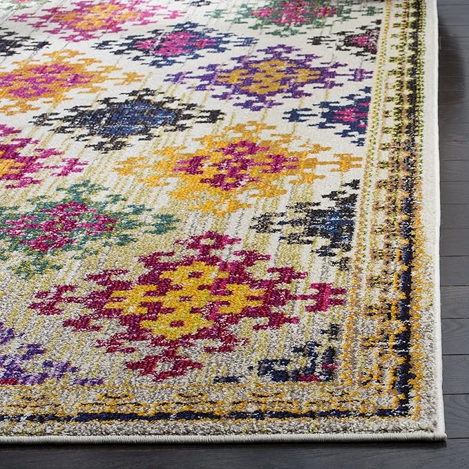 SAFAVIEH Monaco Collection Accent Rug - 4' x 5'7", Ivory & Multi, Boho Diamond Trellis Design, Non-Shedding & Easy Care, Ideal for High Traffic Areas in Entryway, Living Room, Bedroom (MNC244A)