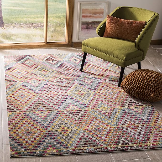 SAFAVIEH Monaco Collection Area Rug - 6'7" x 9'2", Multi & Beige, Boho Diamond Design, Non-Shedding & Easy Care, Ideal for High Traffic Areas in Living Room, Bedroom (MNC204F)