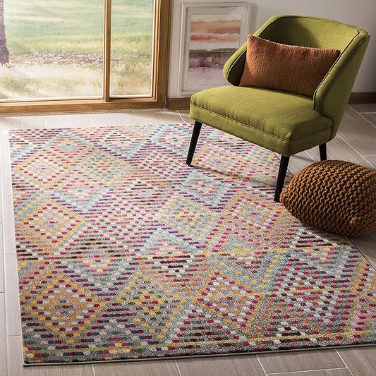 SAFAVIEH Monaco Collection Area Rug - 6'7" x 9'2", Multi & Beige, Boho Diamond Design, Non-Shedding & Easy Care, Ideal for High Traffic Areas in Living Room, Bedroom (MNC204F)