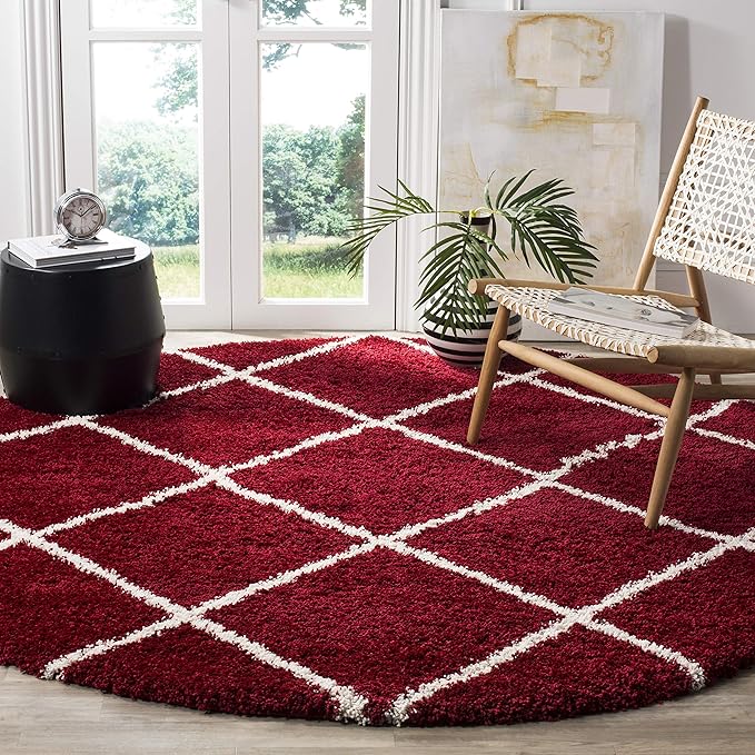 SAFAVIEH Hudson Shag Collection Area Rug - 5' Round, Red & Ivory, Modern Diamond Trellis Design, Non-Shedding & Easy Care, 2-inch Thick Ideal for High Traffic Areas in Living Room, Bedroom (SGH281R)