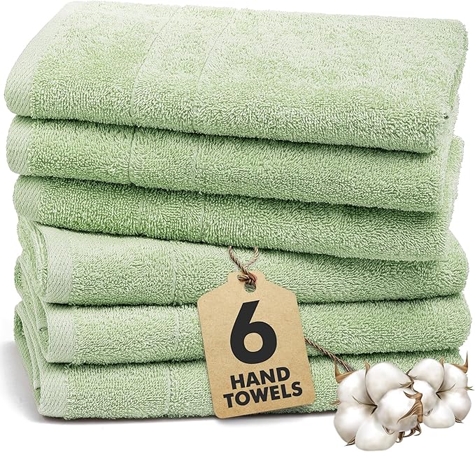100% Cotton Hand Towels for Bathroom – Soft & Absorbent Towel Set– Pack of 6 Small Towel (34x20in) – Quick Dry Luxury Cotton Hand Towels – Light Green
