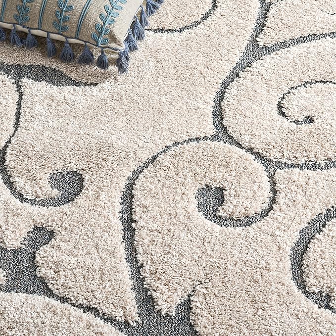 SAFAVIEH Florida Shag Collection Area Rug - 9'6" x 13', Beige & Blue Grey, Scroll Design, Non-Shedding & Easy to Clean, High-Low Plush Pile, Ideal for Living Room, Bedroom, Dining Space (SG455-1155)