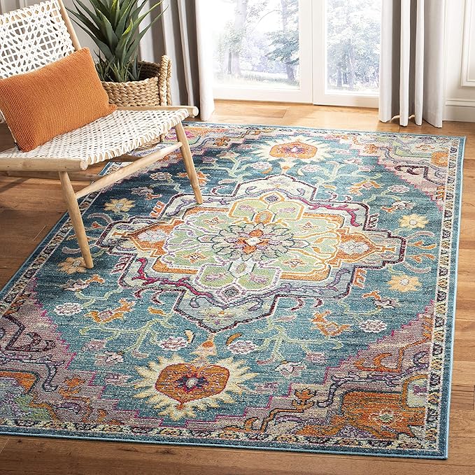 SAFAVIEH Crystal Collection Accent Rug - 3' x 5', Teal & Rose, Medallion Distressed Design, Non-Shedding & Easy Care, Ideal for High Traffic Areas in Entryway, Living Room, Bedroom (CRS501T)
