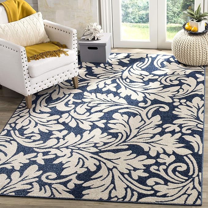 SAFAVIEH Area Rug 8x10 - Amherst Collection - Large - Navy & Ivory, Floral Pattern, Non-Shedding & Easy Cleaning, Ideal for Living Room, Bedroom, Office, Dining Space (AMT425P)