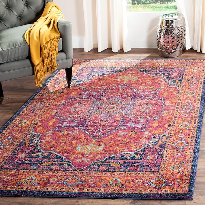 SAFAVIEH Evoke Collection 6'7" x 9' Fuchsia / Orange EVK275S Oriental Medallion Distressed Non-Shedding Living Room Bedroom Dining Home Office Area Rug