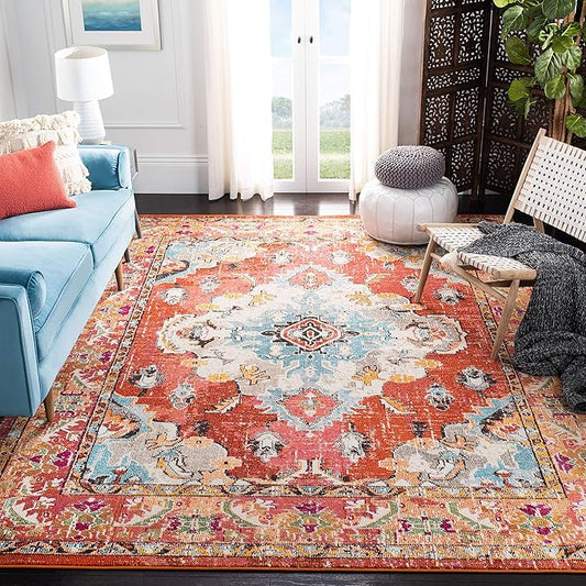 SAFAVIEH Monaco Collection Area Rug - 12' x 18', Orange & Light Blue, Non-Shedding & Easy to Clean, Distressed Medallion Design, Ideal for Living Room, Bedroom, Dining Space (MNC243H)